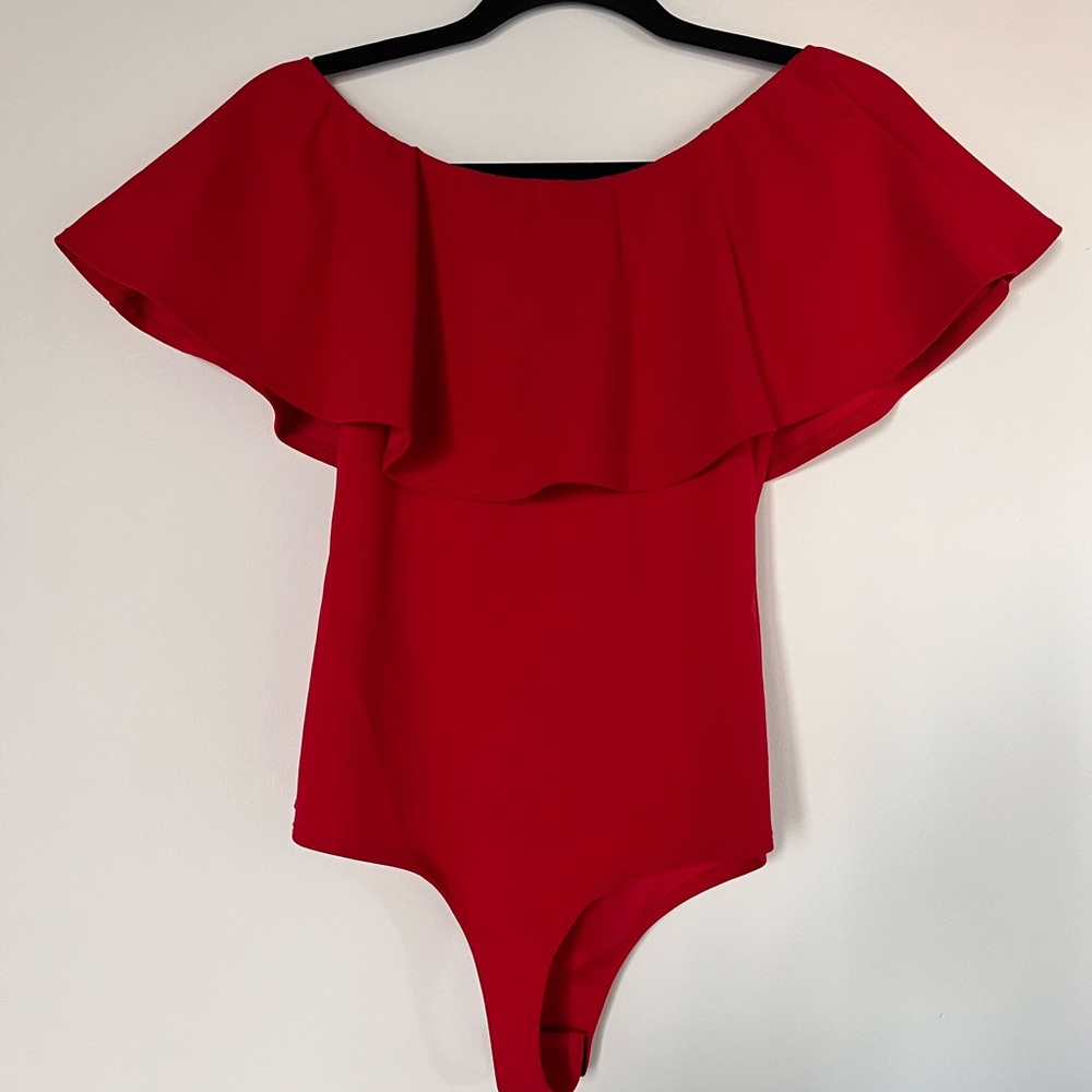 Red Off-Shoulder Ruffle Bodysuit